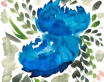 Blue Hues Floral. Original Watercolor. 9x12". Fine Art. Roses-flowers. Handmade-Home Decor. Floral.