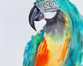 Tropical Parrot. Print. Watercolor. 9x12". Fine Art. Handmade. Parrot. Bird.