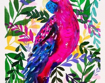 Tropical Gal. Print. Watercolor. 9x12". Fine Art. Lips. Handmade. Parrot. Bird.