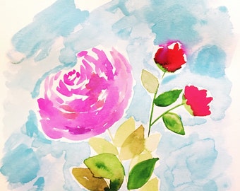Laurie, 9x12". Original Watercolor. Nursery-Fine Art-Kitchen Art. Bathroom Art. Gouache. Floral. Flowers.