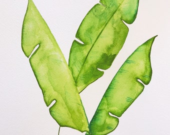 Banana Leaf Trio. Original Watercolor. 9x12". Fine Art.