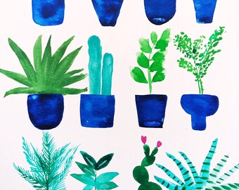 Indigo Pots. Digital Print of Watercolor. Printable.  Nursery-Fine Art-Kitchen Art. Cactus. Succulent.