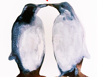 Penguin love, 4x6”. Original Watercolor. Fine Art. Animal art.