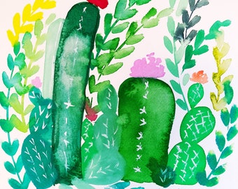 Cacti Jungle. Digital Print of Watercolor. Printable.  Nursery-Fine Art-Kitchen Art. Cactus. Succulent.