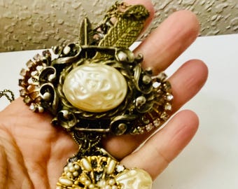 Vintage Bronze Tone Pendant Necklace Large Faux Pearls Rhinestones Upcycled “J”