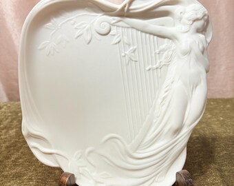 Art Nouveau Nude Woman Playing A Harp Small Card Tray By Claudia McBurney? Collectable Bisque Trinket Dish  B