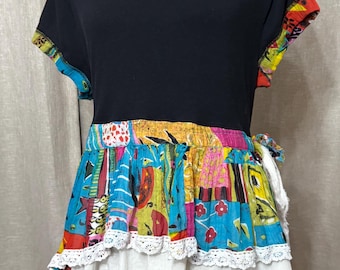 Geüpcycled tuniektop: Y2K jaren 80-90 art-to-wear peplum, maat L