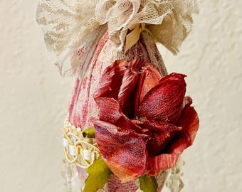 Victorian Handmade Lacey Beads Red Rose Glitter  Shabby Chic Pink 90s Upcycled