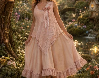 Upcycled Blush Pink 100% Cotton Crochet Bohemian Lacey Dress Woodland Fairycore Romantic Cottagecore Outfit Altered Couture Gorgeous
