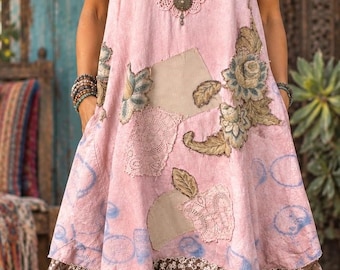 90’s Vintage Lagen Look Upcycled Appliqué Tunic Dress One Sz Art To Wear Patchwork Boho Festival Wear