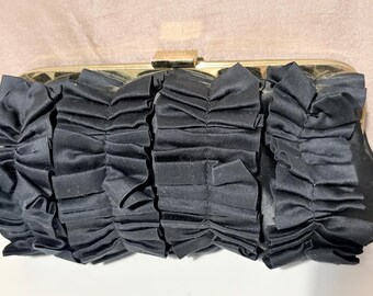 Vintage J Crew Black Satin Ruffle Clutch, Gold Clasp