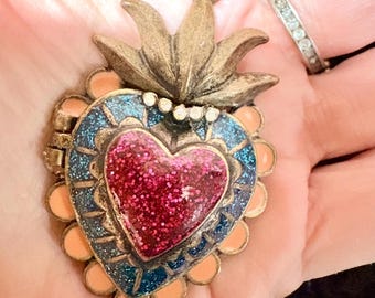 Vintage Betsy Johnson Sacred Heart Locket Necklace: Enamel, Glitter, Rhinestones, Brass Brass Folk Art