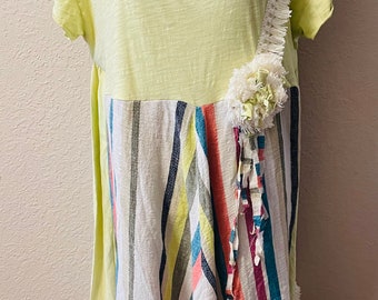 Handmade Upcycled Tee Shirt Dress One Size Fringe Trim Beacy Boho