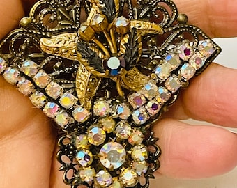 Upcycled Necklace Handmade Antique Brass Jewelry Assemblage AB Rhinestones