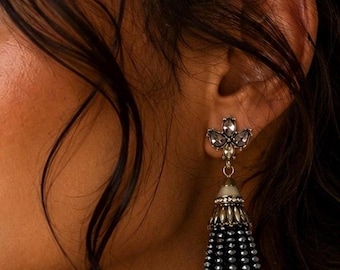 Vintage Tassel Pierced Earrings Dangle Gorgeous Marquis Rhinestones And  Black Jet Beads Boho  Anthropology Style 1990s’s