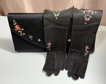 Vintage French Leather Gloves & Black Satin Clutch Embroidered Set 1950’s