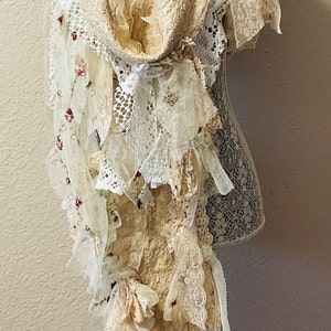Handmade Shabby Boho Neck Wrap 88” Long Lagenlook Vintage Upcycled Laces Art To Wear