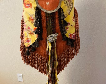 Handmade Boho Hippie Fringe Shoulder Bag Rhinestone Brooch Lined W/Pockets