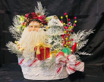 Vintage Christmas Santa Claus Assemblage Art Display With Fairy Lights Handmade Hostess Gift