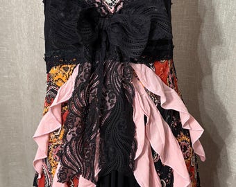 Upcycled Whimsigoth Tunic Top – Black Lace, Ruffle Fairycore (Sz L-XL)