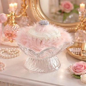 Handmade Luxurious Soft Pink Retro Powder Puff In Vintage Rectangular Crystal Dish Boudoir Vanity Gift Shabby Chic OOAK Mother’s Day Gift