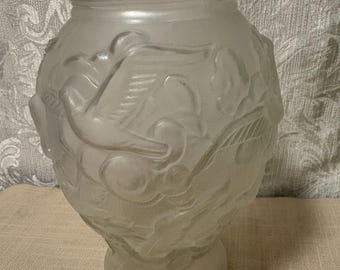 Vintage Art Deco Bohemian Frosted Glass Vase Birds Czechoslovakia Art Nouveau  D