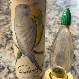 May include: A vintage Bourjois Endearing perfume bottle with a clear glass teardrop shape, a green ribbed cap, and a gold base. Beside it stands a cylindrical cardboard container featuring an illustration of two budgies and the text Endearing BOURJOIS.