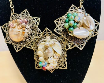 Vintage Clip Ohrring Halskette Mabe Perlen Stil Statement Stück Upcycled Handmade