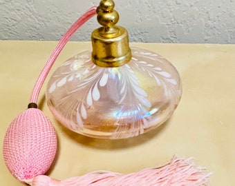 Vintage Art Glass Opalescent Pink Pulled Feather Design Collectible Perfume Vanity Atomizer