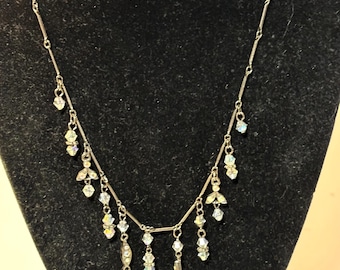 Vtg  Sweet Romance Brass Tone Faux AB Crystal Dangles Angel Necklace Nostalgic