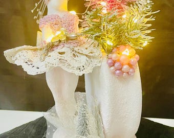 Vtg Haegar Ceramic Upcycled Xmas Ballerina Figure Pink & White Fairy Lights Rhinestone Jewelry