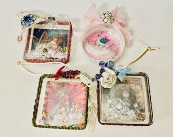 Lot Of 4 Glass Handmade Retro Look Christmas Ornaments Vtg Lace Trims Jewelry