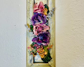 Moody Autumn Floral Vtg Chandelier Crystals Wall Hanging Upcycled Handmade 20x6”