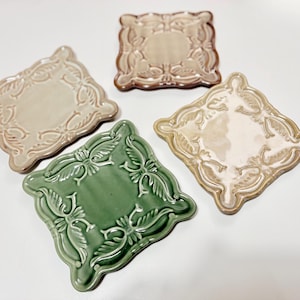 Set of 4 Vintage California Stoneware Snack Plates, 6" Square Embossed Pottery, Rustic Kitchenware