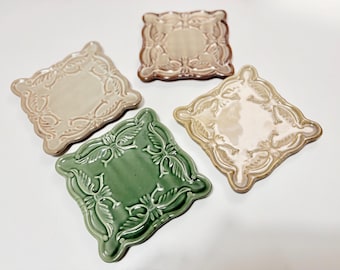 Set of 4 Vintage California Stoneware Snack Plates, 6" Square Embossed Pottery, Rustic Kitchenware
