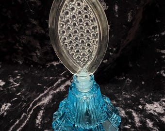 Frasco aplicador de perfume vintage de cristal azul y transparente, precioso y coleccionable.