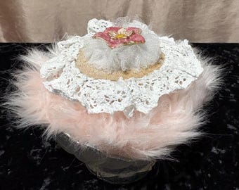 Handmade Powder Puff in Vintage Opalescent Glass Dish, Boudoir Decor