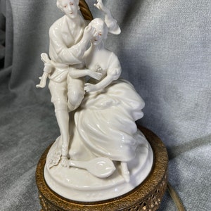 Vintage Antique Brass Porcelain Courting Couple On Round Filagree Ornate Base