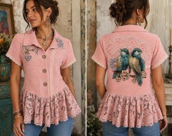 Women’s Upcycled Vtg Shabby Boho  Fairycore Handmade Lace & Birdie Top Sz S-M Doilies Appliques OOAK