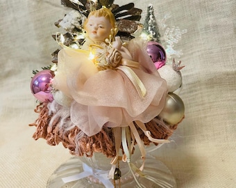 Vintage Pink Shabby Chic Pixie Assemblage On Teacup & Saucer Handmade Lights