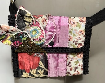 Boho Style Upcycled Pocket Pouch: Cell Phone, Keys, Cards – Adjustable Strap