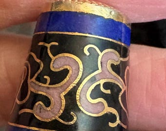 Vintage Chinese bloem geschilderd emaille cloisonné stijl vingerhoed blauw interieur S