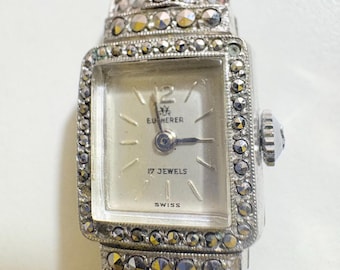 Vtg 1950's Bucherer 17 Jewel Swiss Ladies Wrist Watch Silver Marcasite READ!