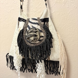 Boho Tasche Upcycled Fransen Cross Body Art Purse Adj Strap W Innenfutter Cl