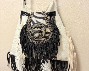 Handmade Boho Bag Upcycled Fringed Cross Body Art Purse Adj Strap W Lining Cl