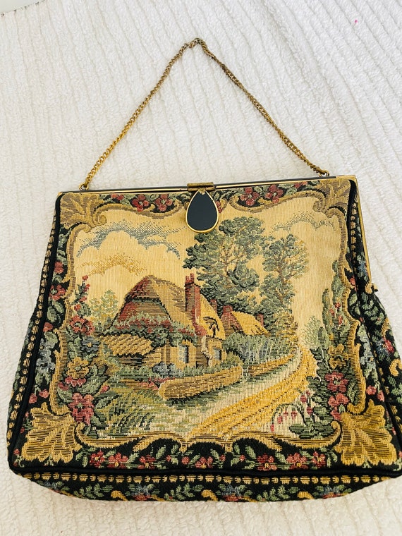 Antique FRENCH Petit Point PURSE Country Scene Flo