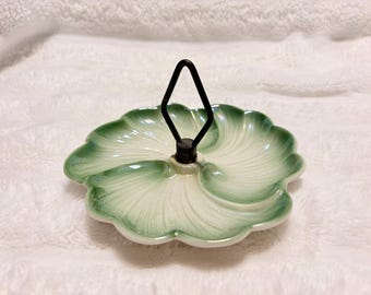 Vintage 1950’s Round California Pottery MCM Retro Green & White Tidbit Tray W/Handle