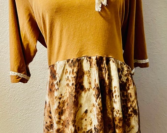 Upcycled Boho Animal Print Tunic Butterscotch Color Vintage Buttons Shark Bite Top