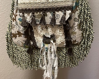 Boho Hippie Fringe Messanger Bag Upcycled Lace Lined Snap Closure Handmade