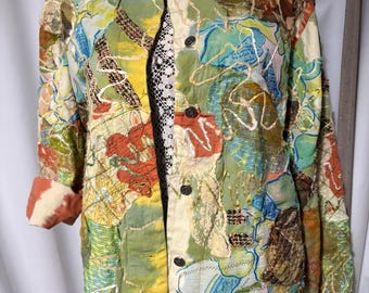 Vtg 90s Fairy Grunge Colorful Mandarin Collar Boho Hippie Jacket Chico’s Size: 3
